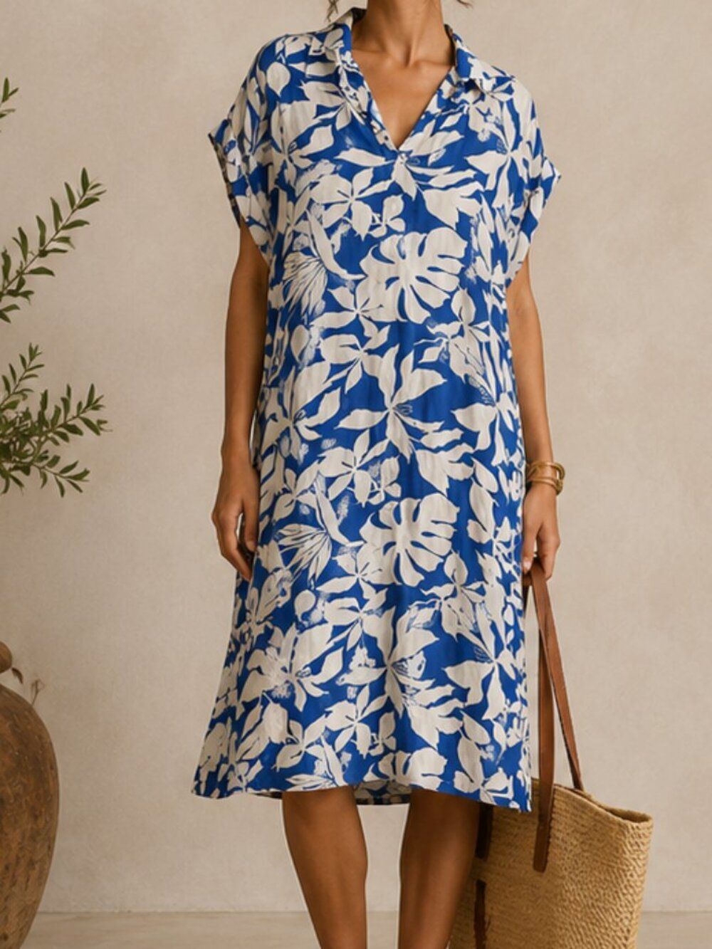 Sofia Made in Italy Blue Tropical Leaf Print Midi Dress Size M/L Oversized